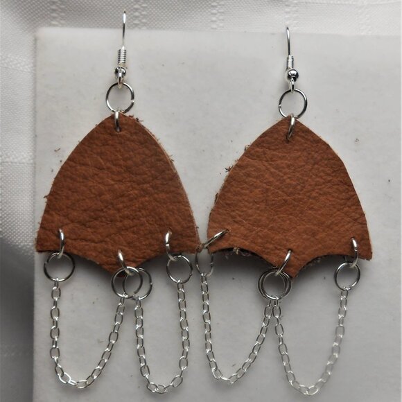 No.1132 Handmade earrings with leather pieces 2 1/2 inches long - Picture 2 of 2